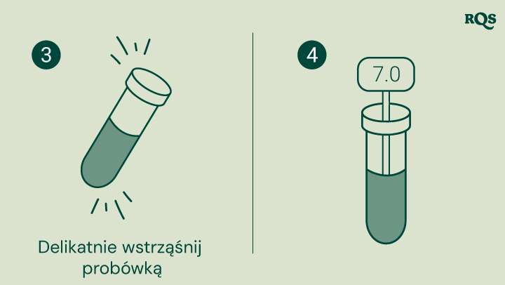 Instrukcje testowania pH gleby: delikatnie wstrząśnij probówką i porównaj kolor cieczy z tabelą, aby określić pH gleby. Obrazek pokazuje probówkę z pH 7,0, co wskazuje na neutralną glebę.